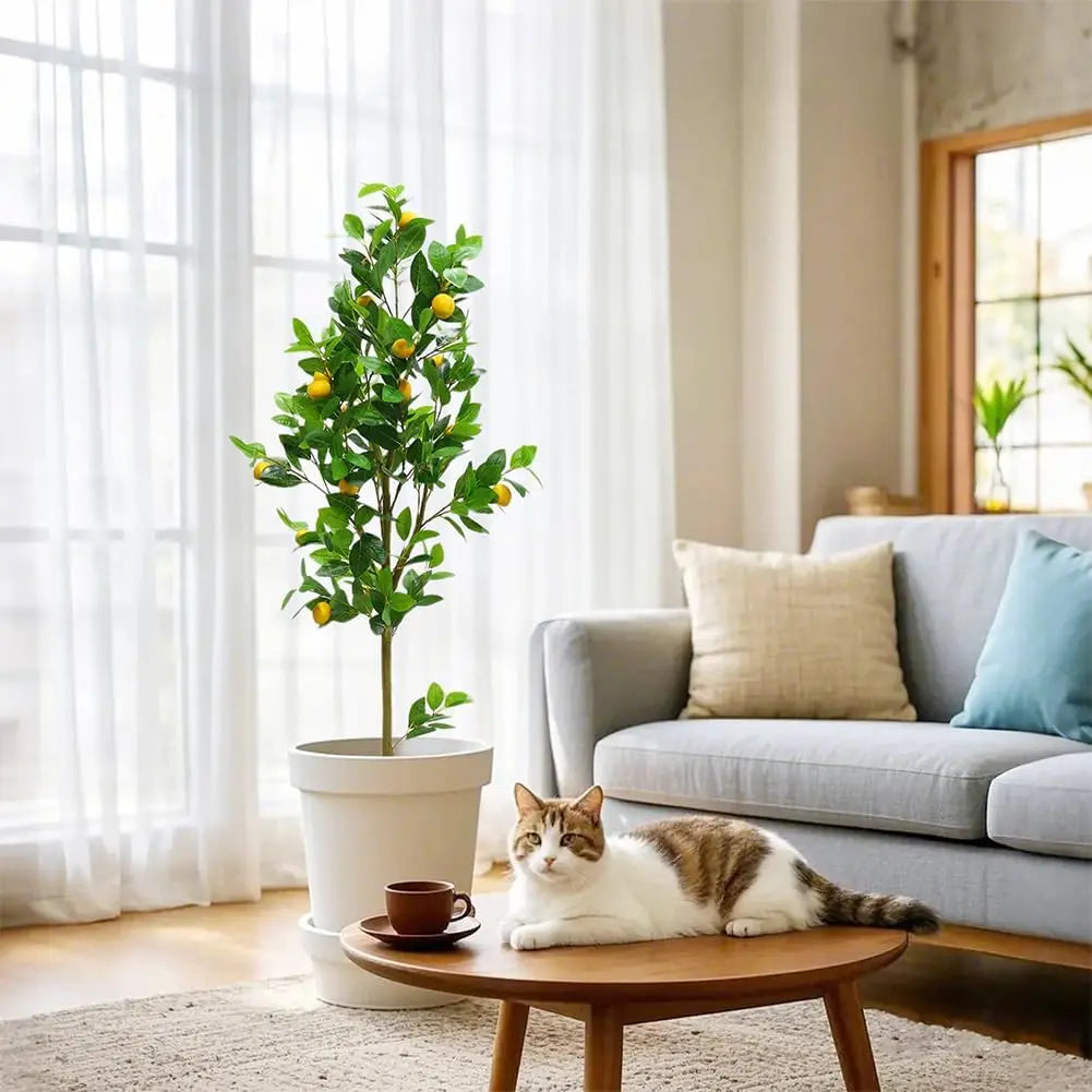 Artificial Lemon Tree — 5 ft, Metal-Wire Branches, White Planter