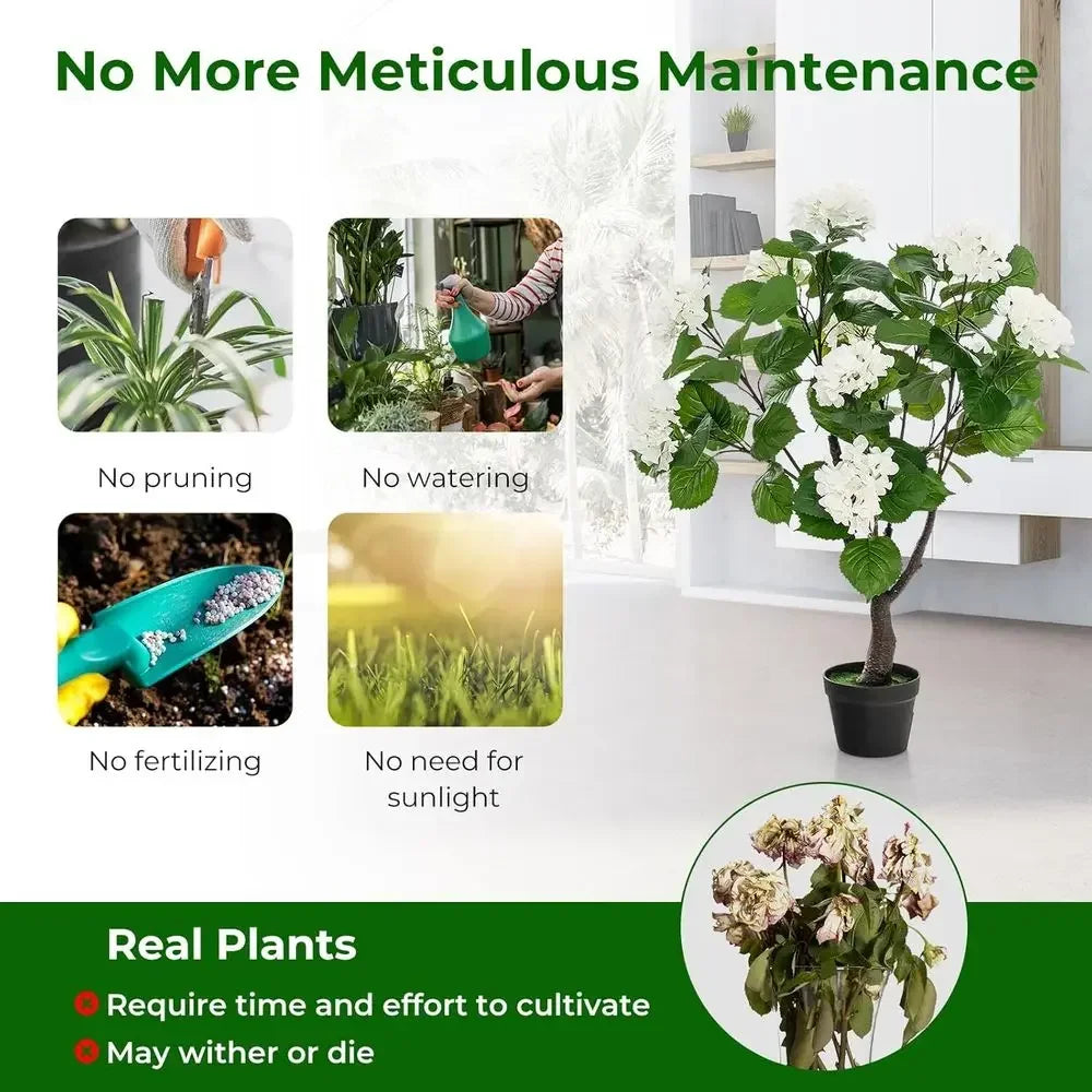 Artificial Hydrangea Tree — 3.5 ft, 11 White Blooms in Plastic Pot