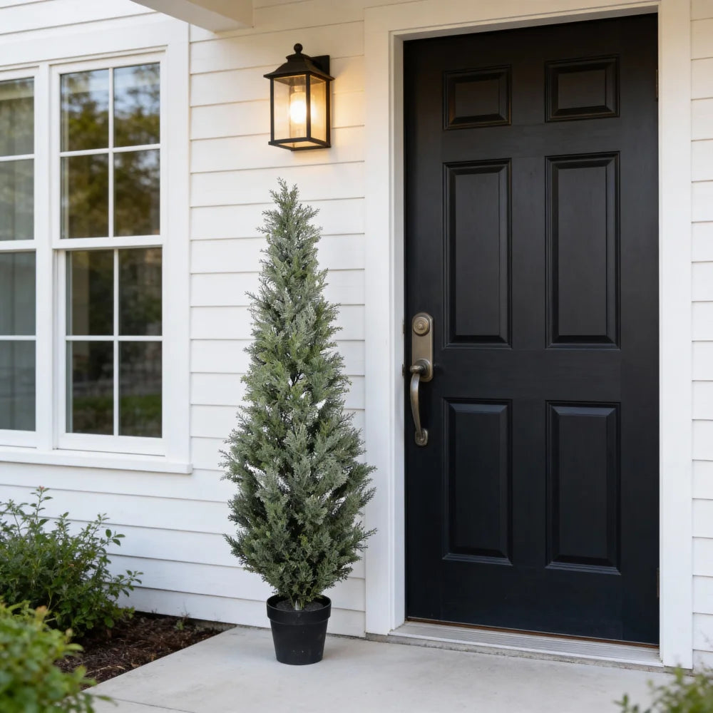 Artificial Cypress Topiary — 5 ft, UV-Treated Foliage, Black Pot