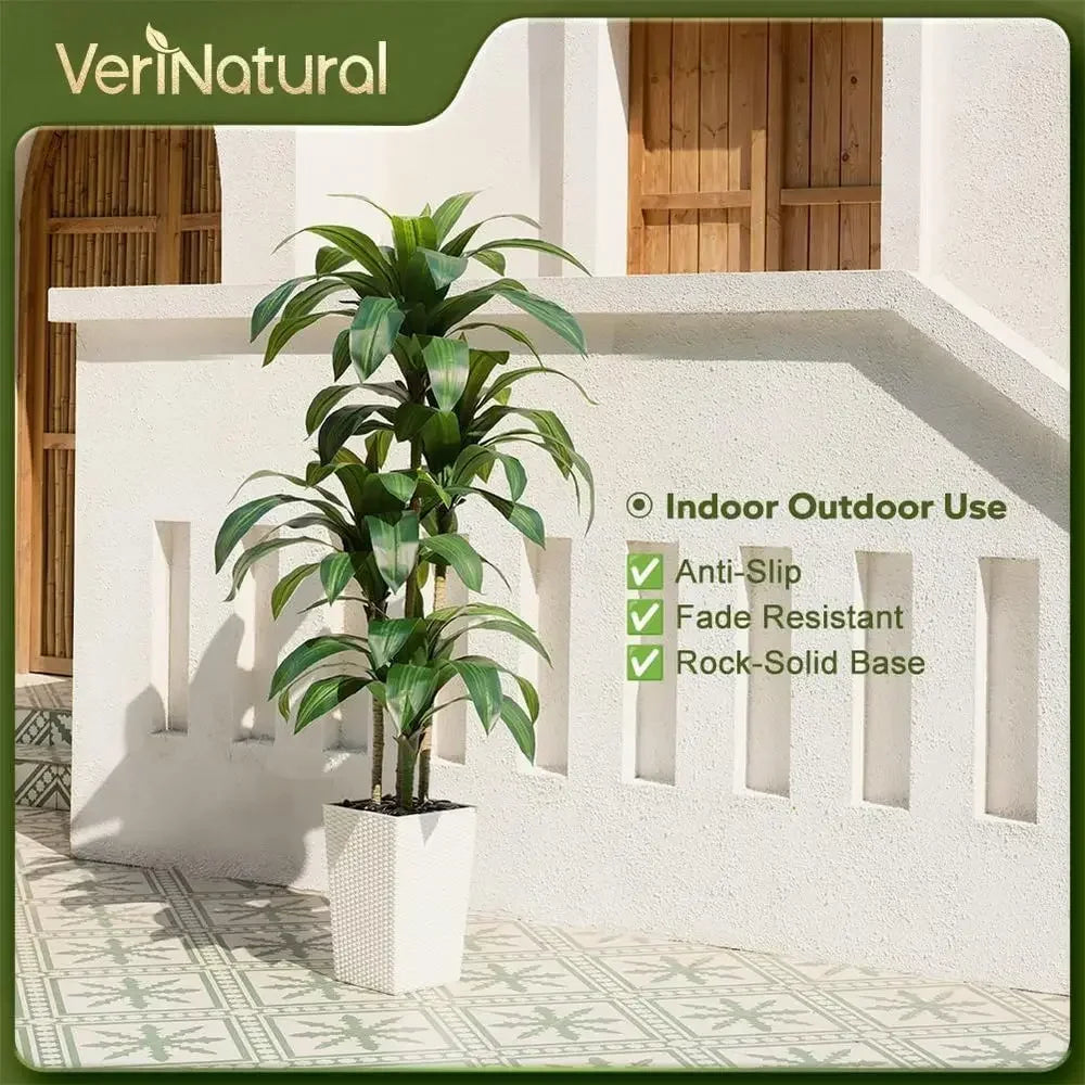 Artificial Dracaena Tree, 6 ft, UV-Resistant, Tapered Planter with River Rock