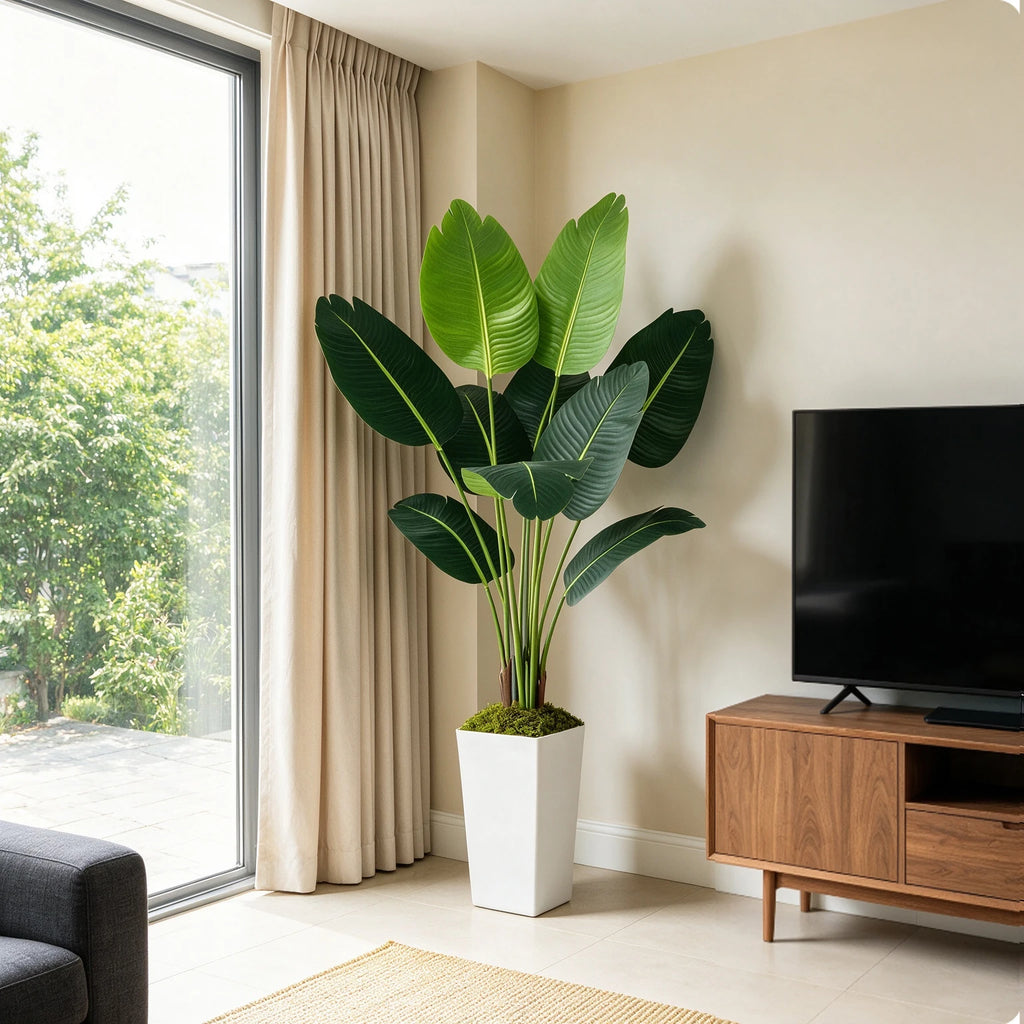 Artificial Bird of Paradise Plant — 4.1 ft, Silk Foliage in White Planter