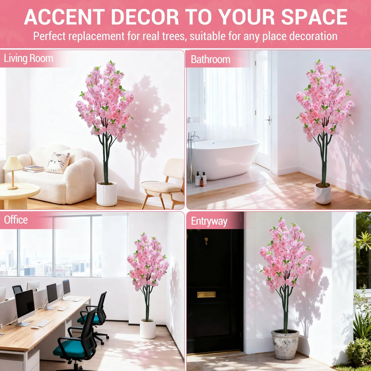 Artificial Cherry Blossom Tree, 5 to 6 ft, PVC Frame, Single or Double Pole