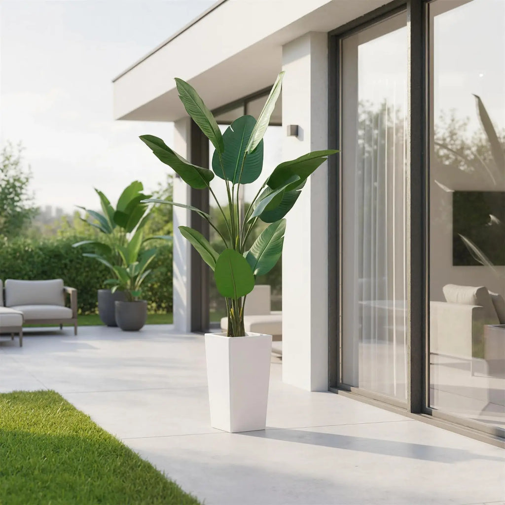 Artificial Banana Tree — 4.8 ft, Tall White Planter
