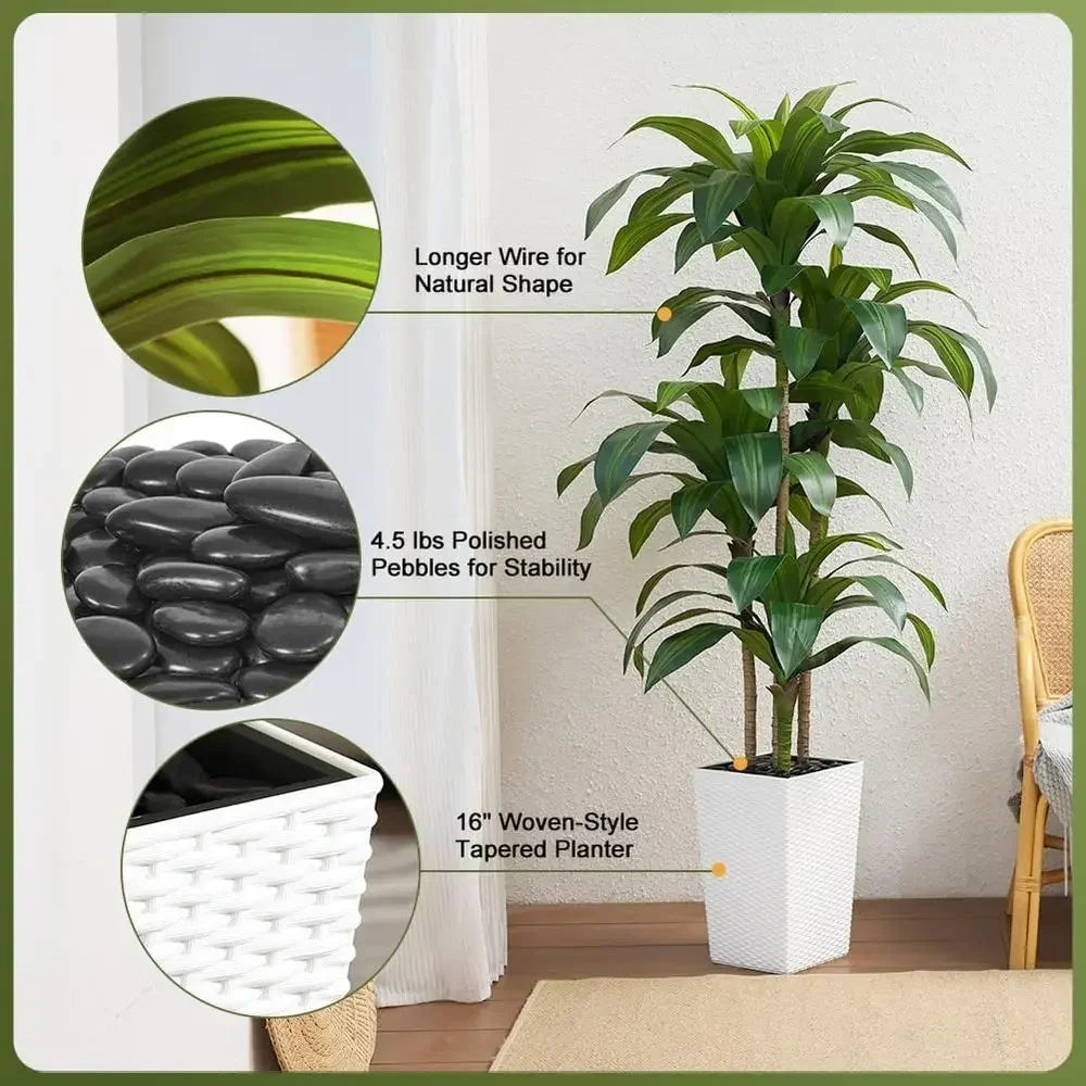 Artificial Dracaena Tree, 6 ft, UV-Resistant, Tapered Planter with River Rock