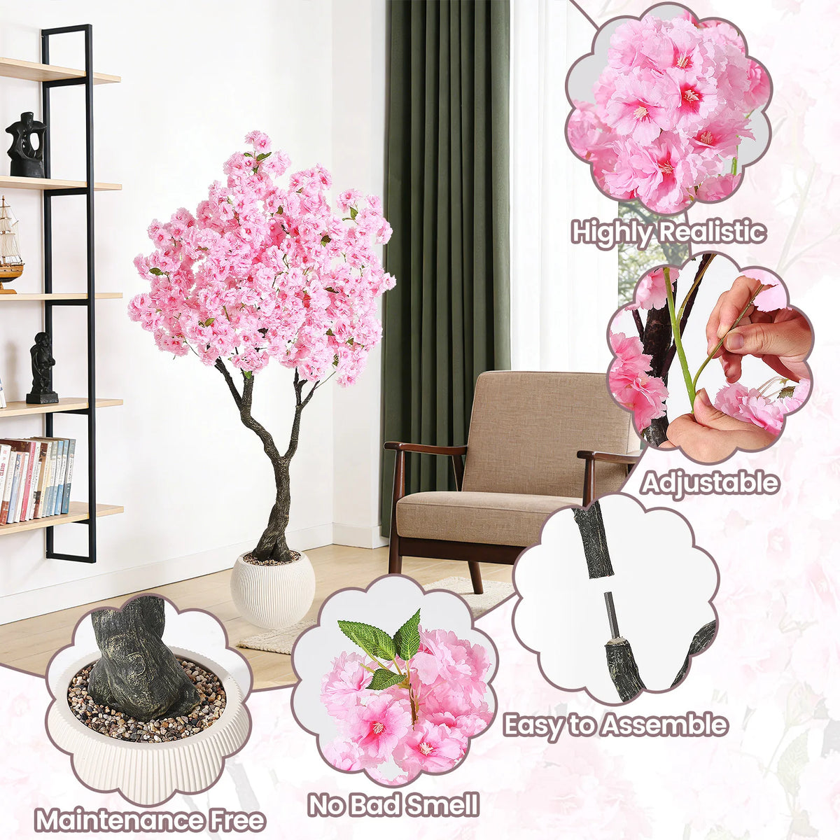 Artificial Cherry Blossom Tree — 5 to 6 ft, Four-Trunk Base in Cement Pot