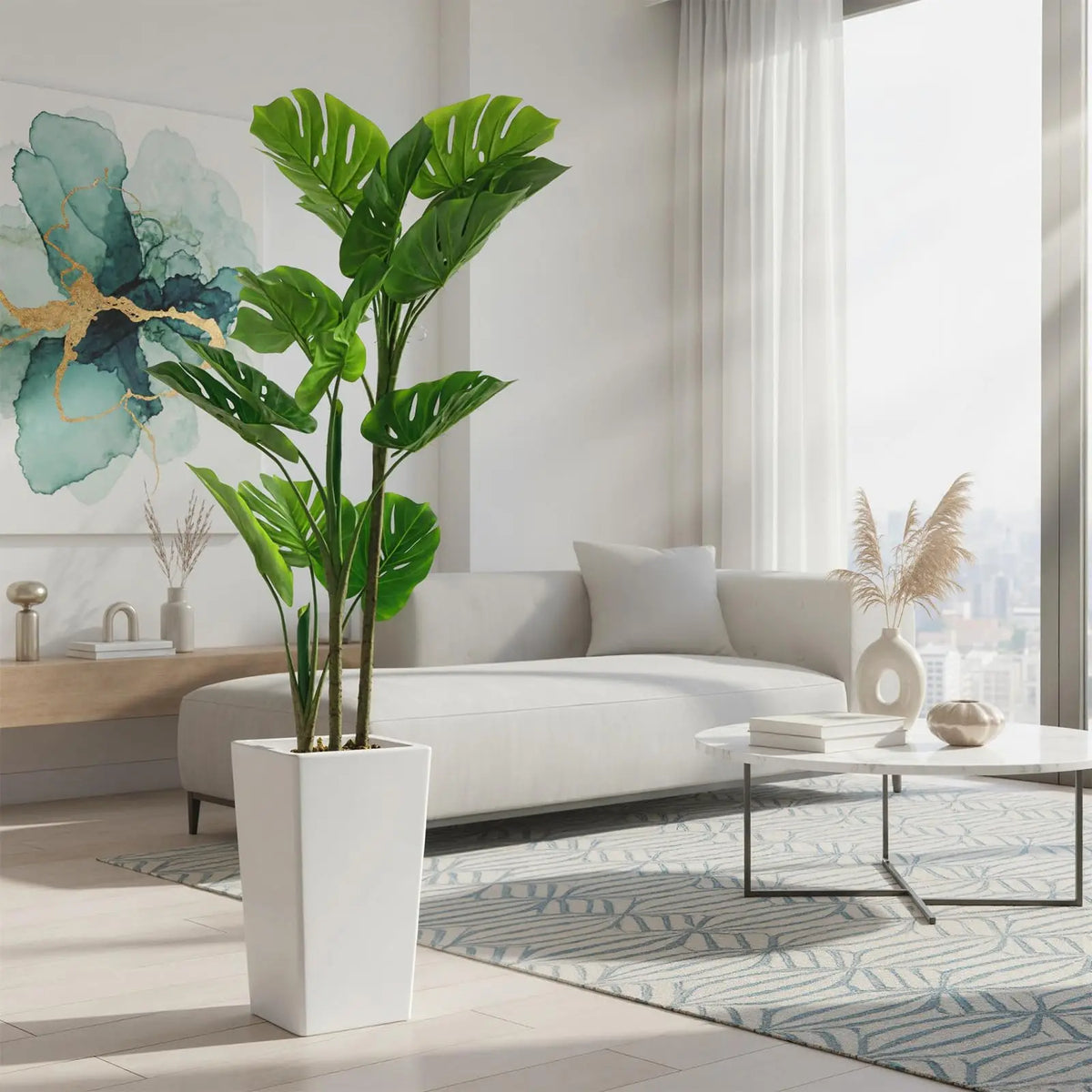 Artificial Monstera Plant — 4.5 ft, Cement-Filled White Planter