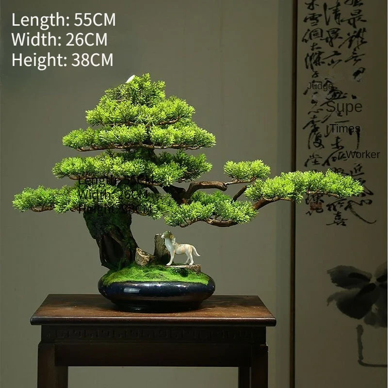 The bonsai set into a Zen landscape display with raked gravel around it