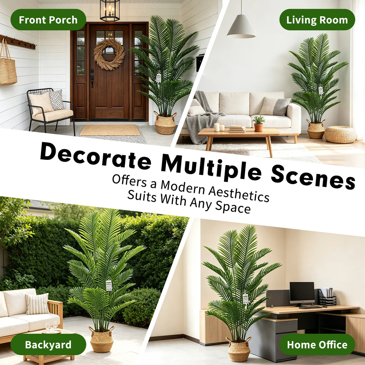 Artificial Palm Tree, 6 ft, Coconut-Coir Base, Black Pot in Hand-Woven Basket