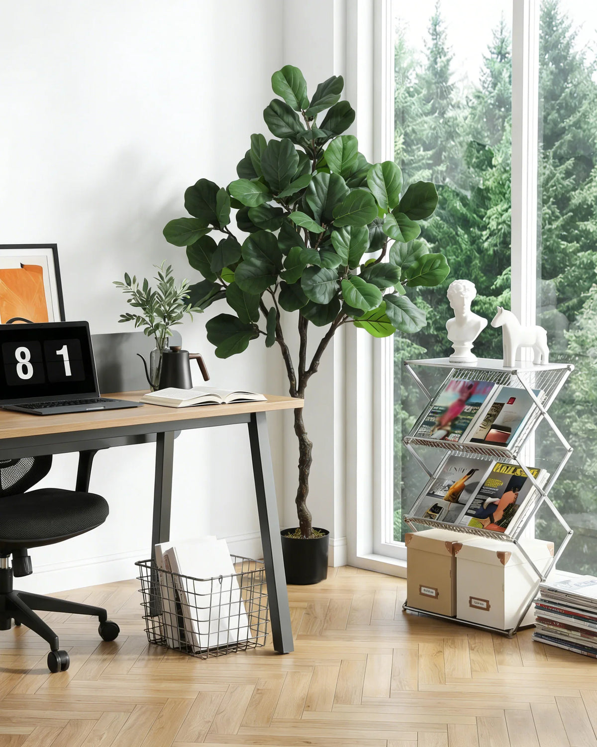 Artificial Fiddle Leaf Fig Tree — 4 to 6 ft, Black Planter with Weighted Base