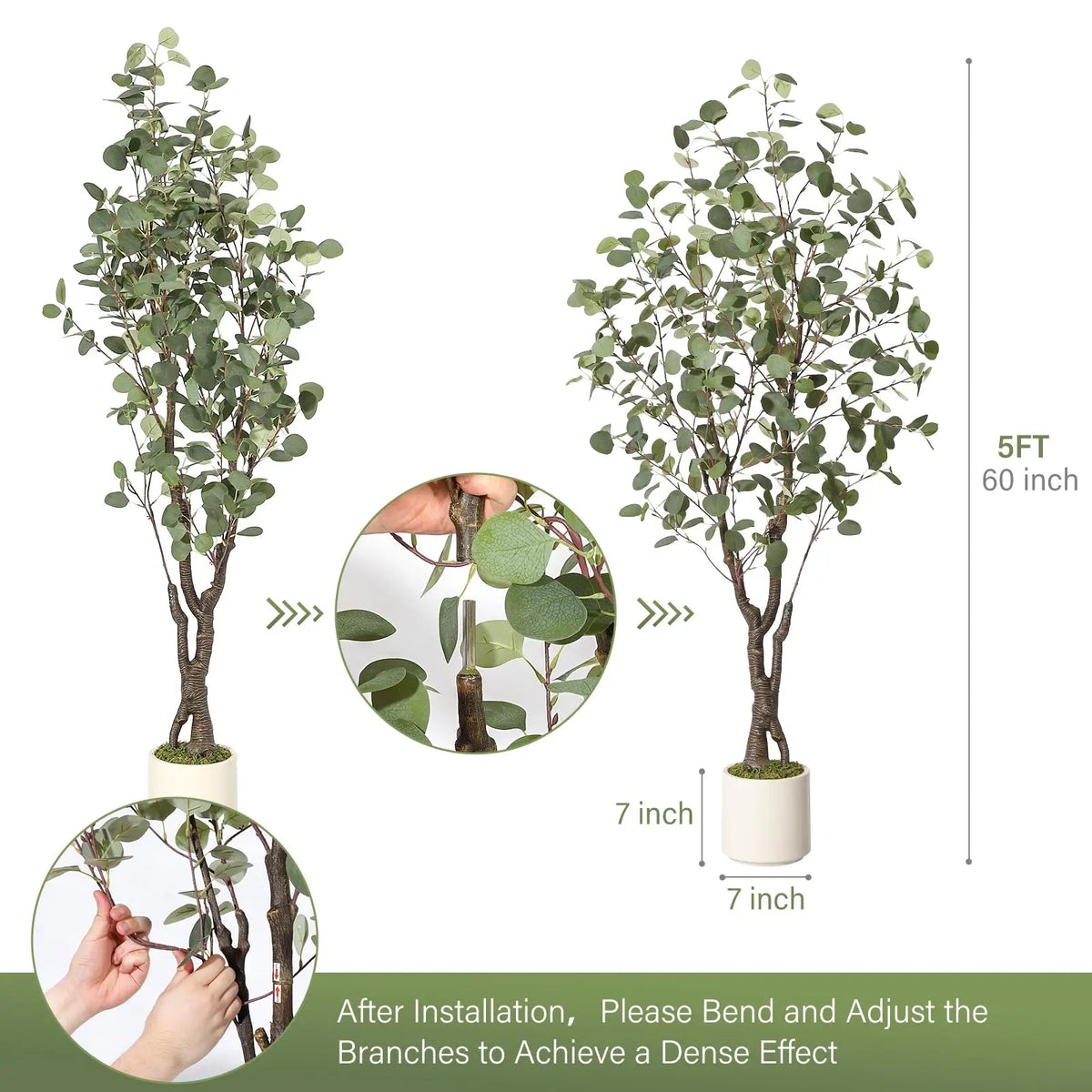 Artificial Eucalyptus Tree — 5 to 7 ft, White Planter with Faux Moss
