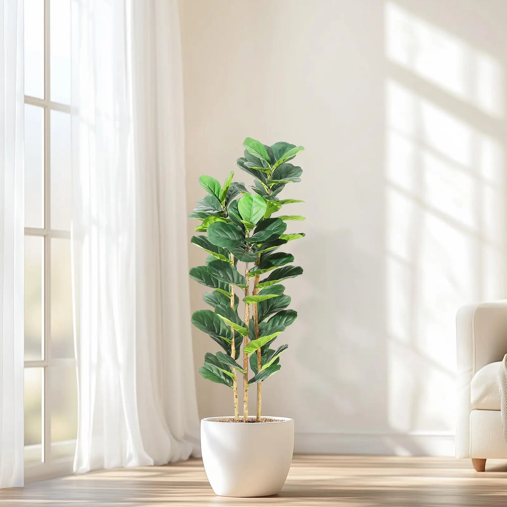 Artificial Fiddle Leaf Fig Tree — 5 to 7 ft, White Planter with Real Wood Trunk