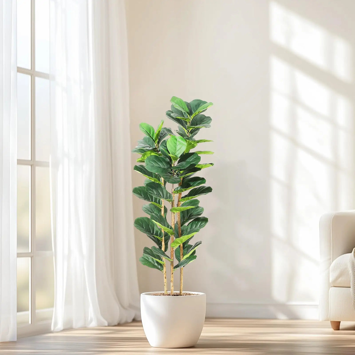 Artificial Fiddle Leaf Fig Tree — 5 to 7 ft, White Planter with Real Wood Trunk