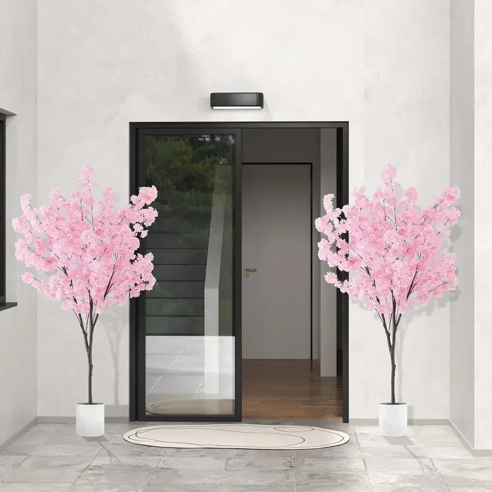 Artificial Cherry Blossom Trees — 6.5 ft, Set of 2 in Cement Pots