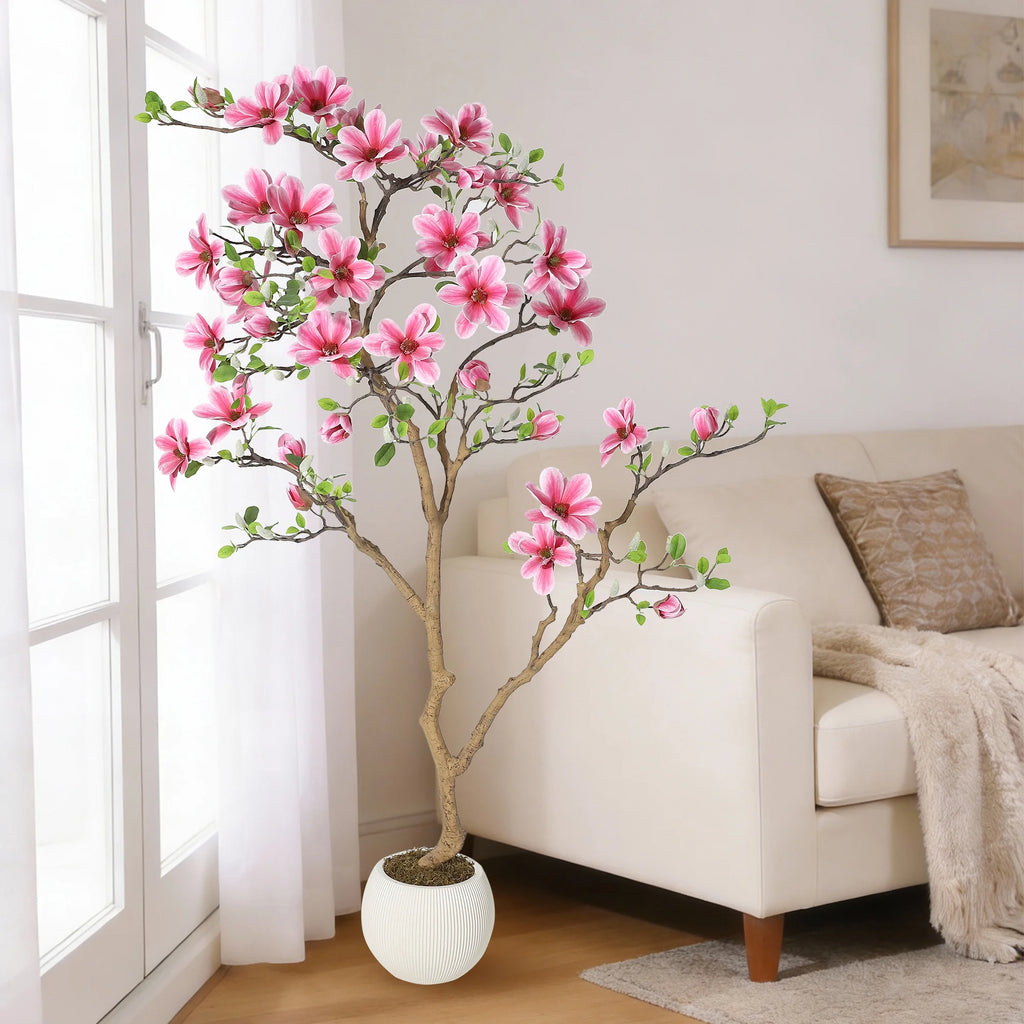 Artificial Pink Magnolia Tree — 4 to 6 ft, Weighted Pot, UV Resistant