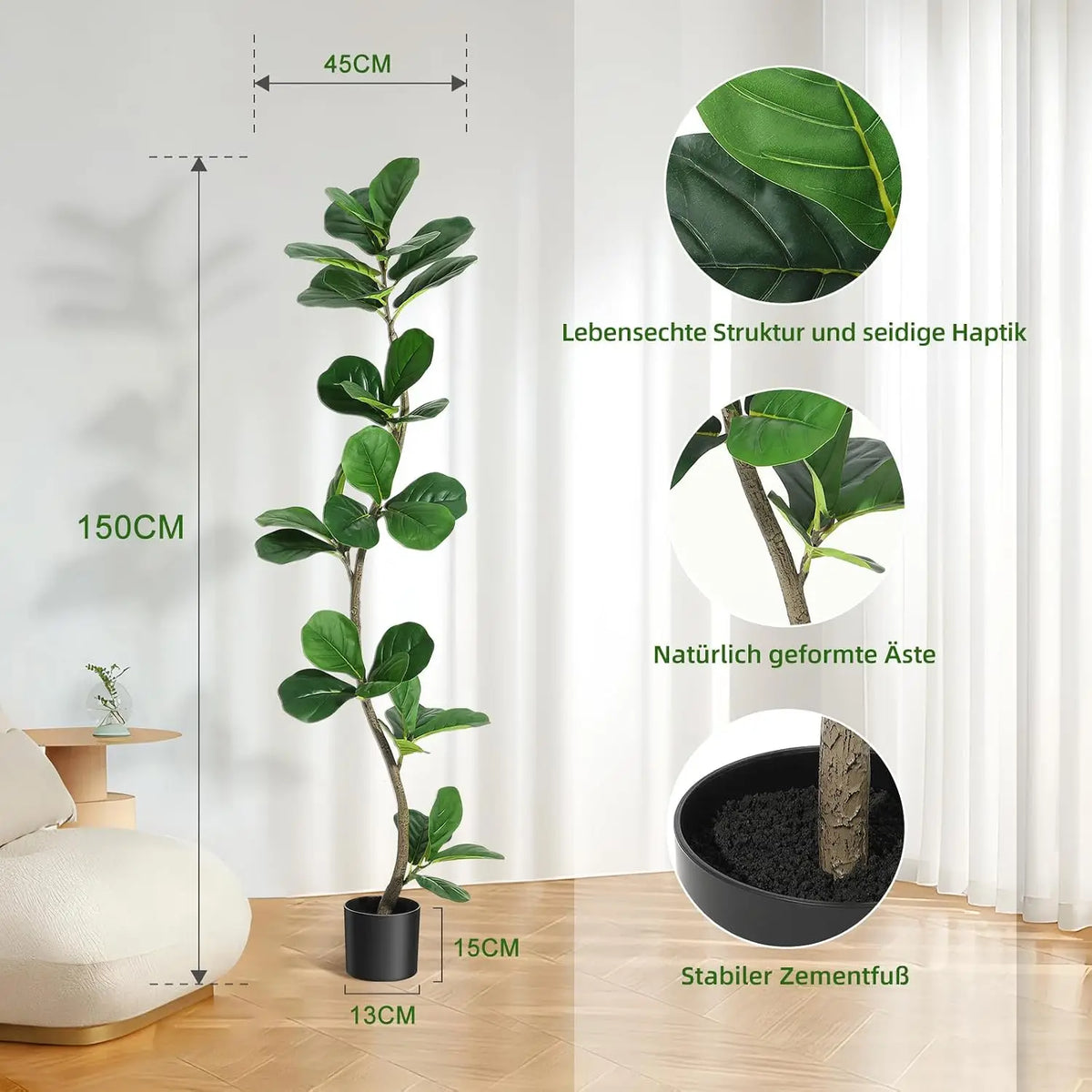Artificial Fiddle Leaf Fig Tree — 4 to 6 ft, S-Shaped Trunk, Black Pot