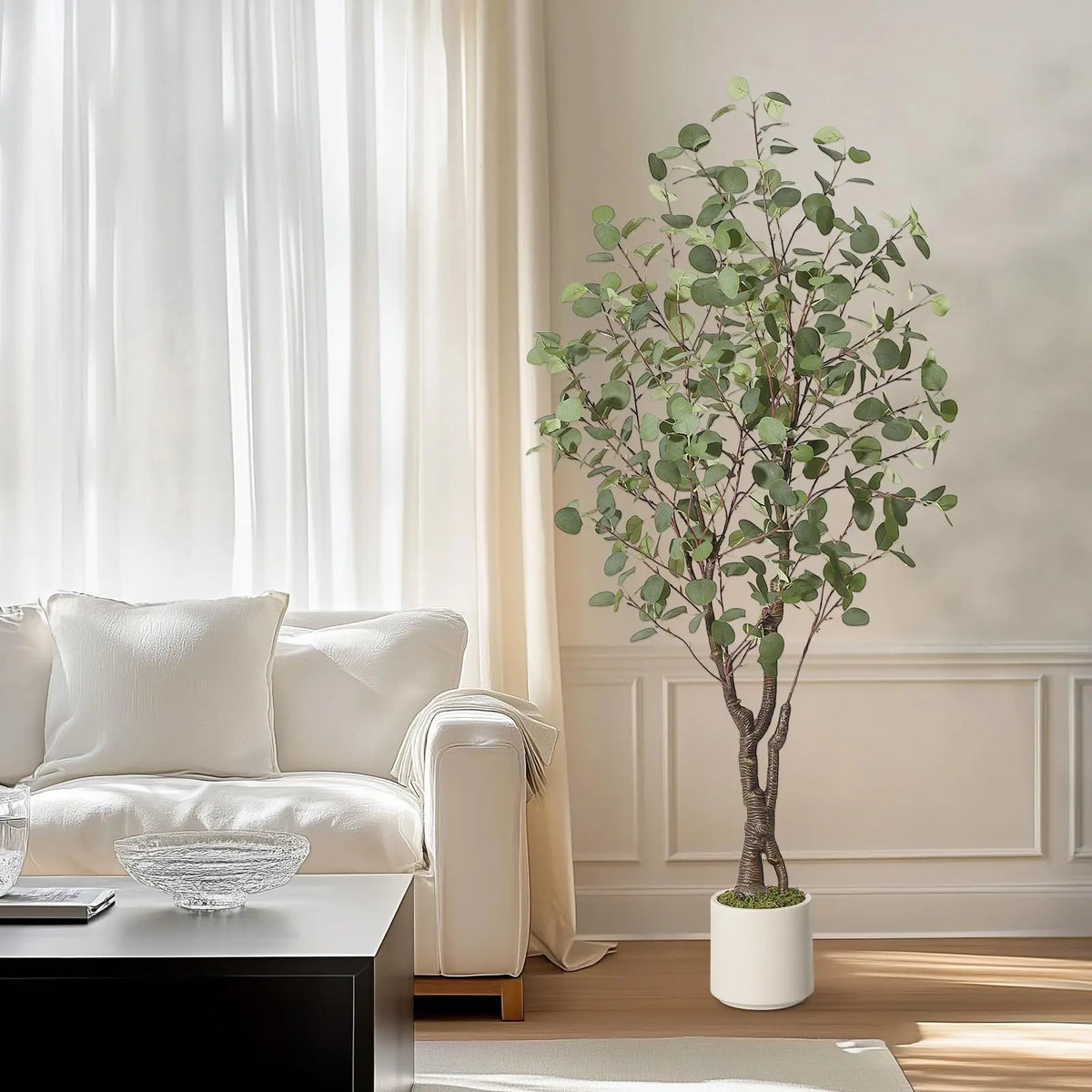Artificial Eucalyptus Tree — 5 to 7 ft, White Planter with Faux Moss