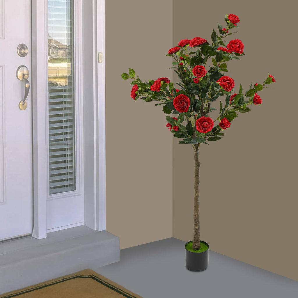 Artificial Camellia Tree — 4.9 ft, Red Blooms, Cement-Filled Pot