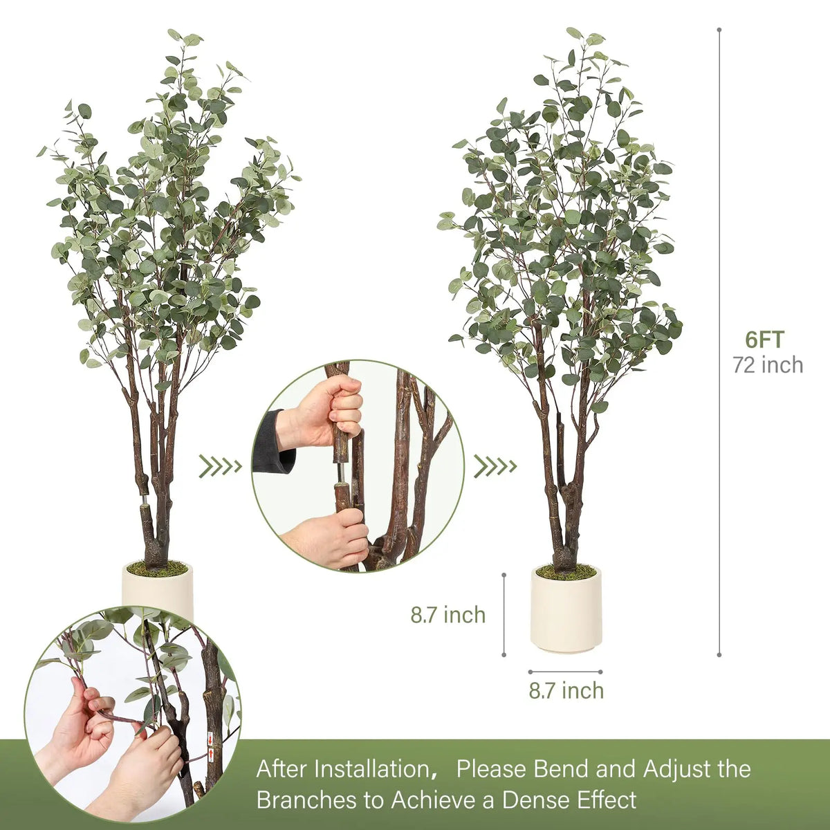 Artificial Eucalyptus Tree — 5 to 7 ft, White Planter with Faux Moss