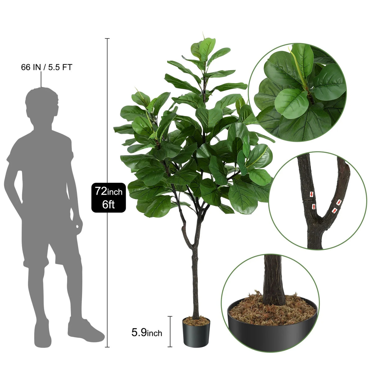 Artificial Fiddle Leaf Fig Tree — 6 ft, Black Pot
