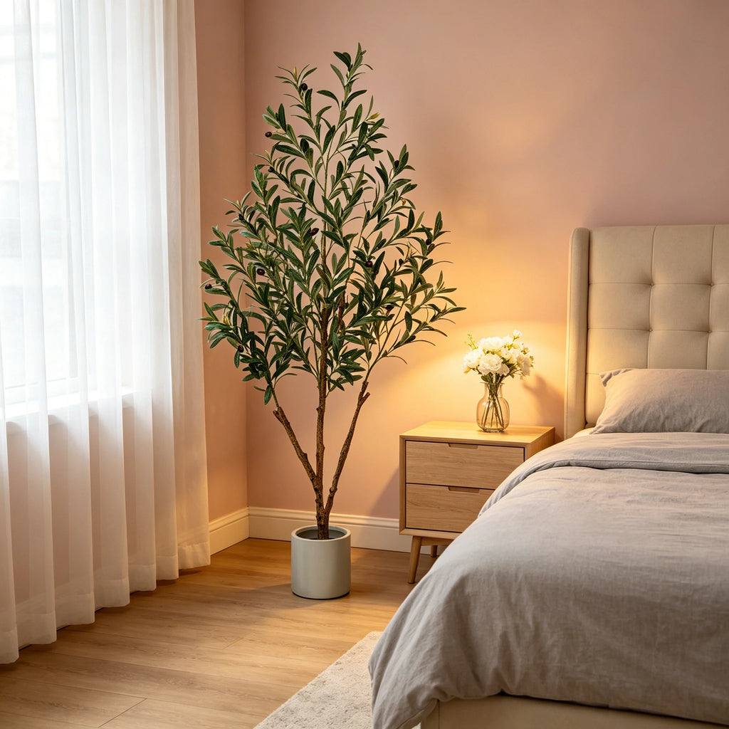 Artificial Olive Tree — 5 to 7 ft, Natural Wood Trunk, Tall Planter
