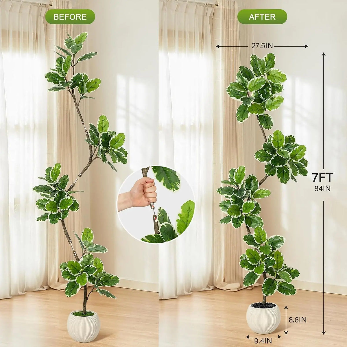 Artificial Fiddle Leaf Fig Tree — 60 to 84 in, Gray Sphere Planter with Moss
