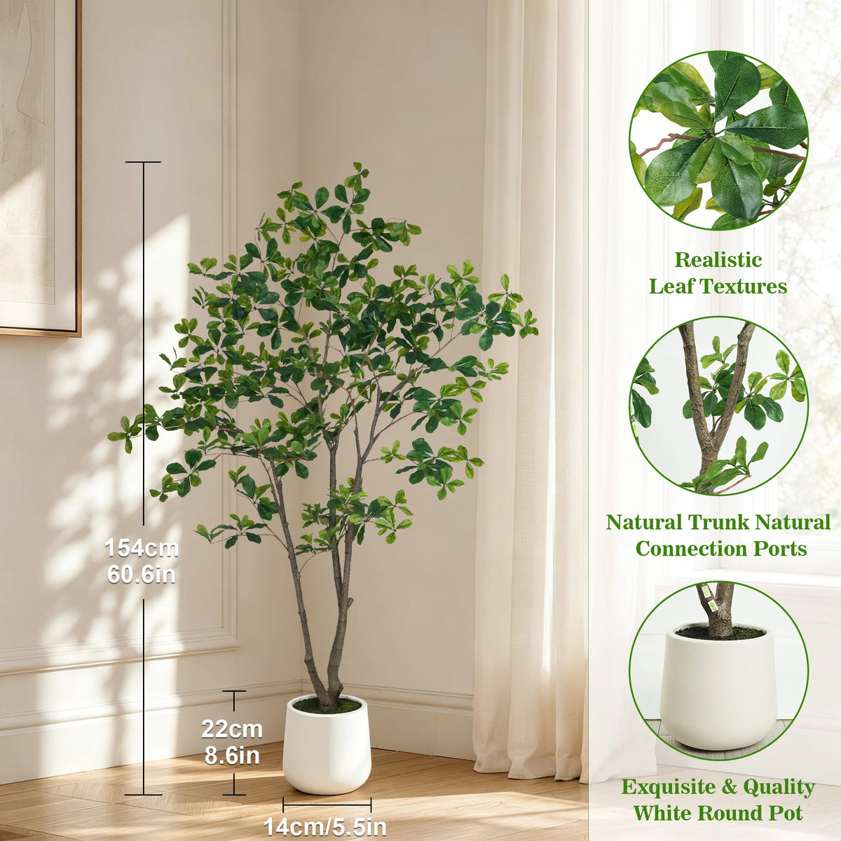 Artificial Black Olive Tree — 5 to 7 ft, PE Foliage, White Round Pot