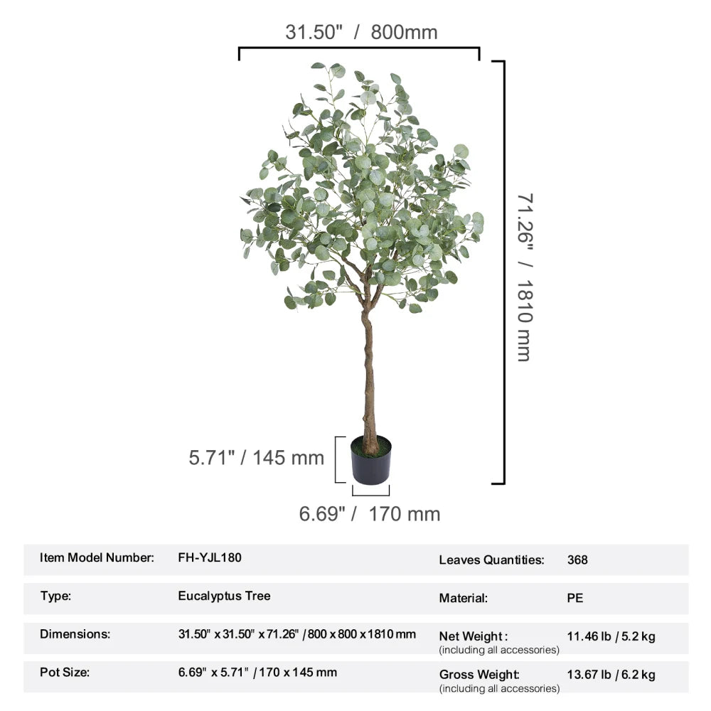 Artificial Eucalyptus Tree — 6 ft, PE Foliage with Stainless Steel Branches
