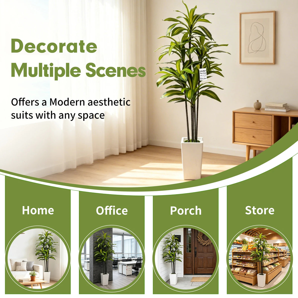 Artificial Dracaena Tree — 5 ft, White Tall Planter with Faux Moss