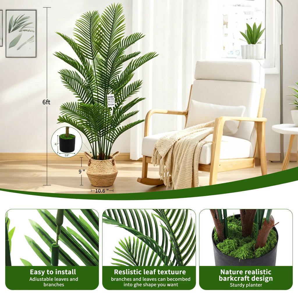 Artificial Palm Tree, 6 ft, Coconut-Coir Base, Black Pot in Hand-Woven Basket
