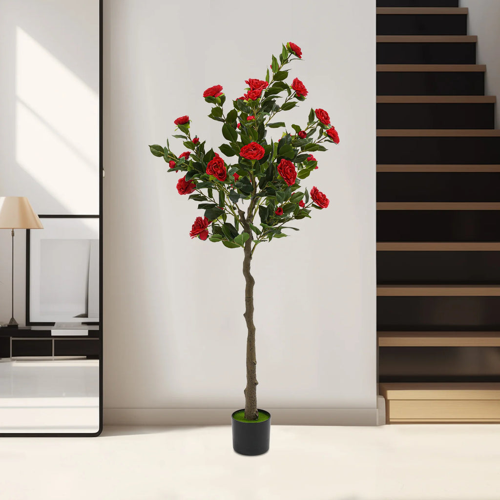 Artificial Camellia Tree — 4.9 ft, Red Blooms, Cement-Filled Pot
