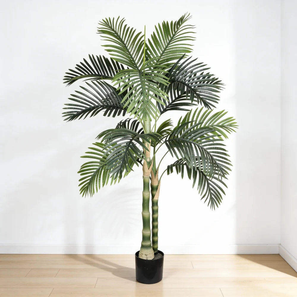 Artificial Golden Cane Palm Tree, Black Plastic Pot