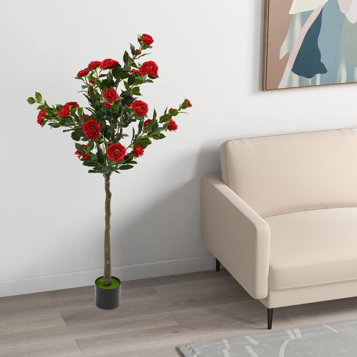 Artificial Camellia Tree — 4.9 ft, Red Blooms, Cement-Filled Pot