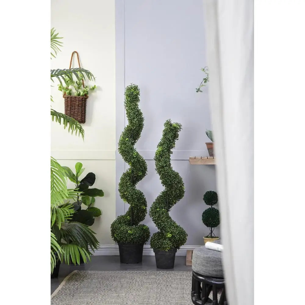 Artificial Boxwood Spiral Topiary — 4 ft, Slender Profile, Grey Pot