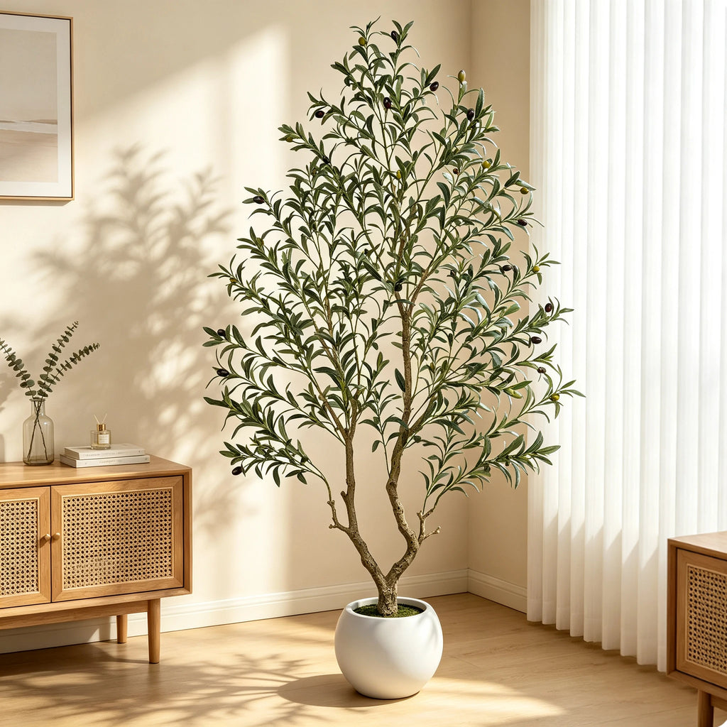 Gallery photo 7 of the artificial olive tree with a natural wood trunk in a pot