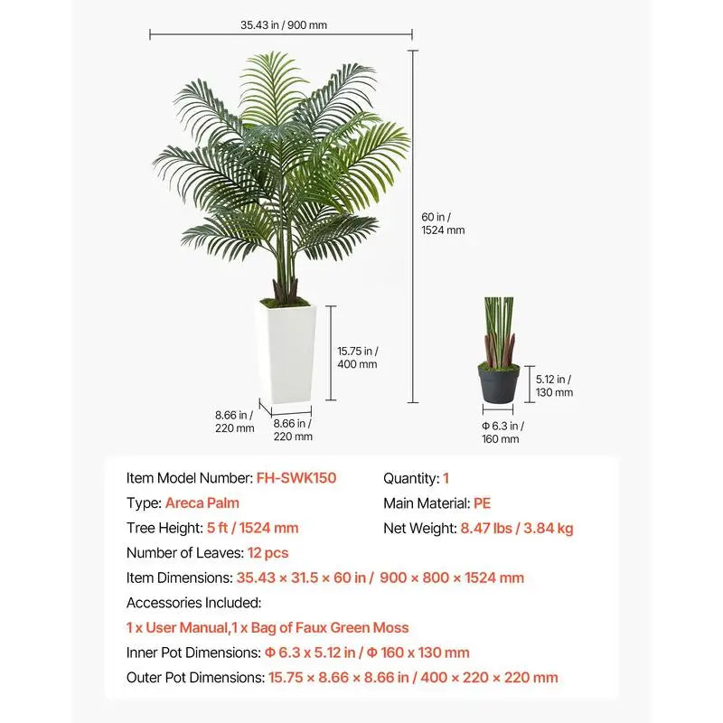 Artificial Areca Palm Tree — 5 ft, 12-Stem, White Tall Planter
