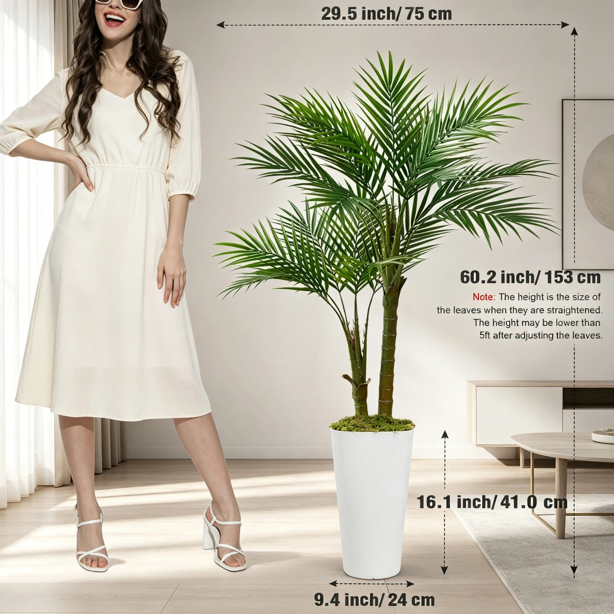 Artificial Areca Palm Tree — 5 ft, Square or Round White Planter