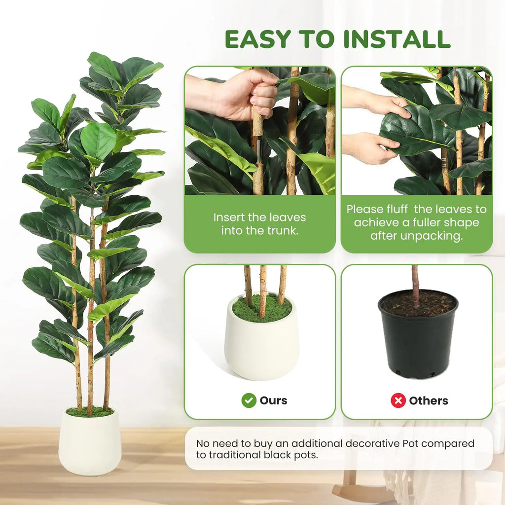 Artificial Fiddle Leaf Fig Tree — 5 to 7 ft, White Planter with Real Wood Trunk