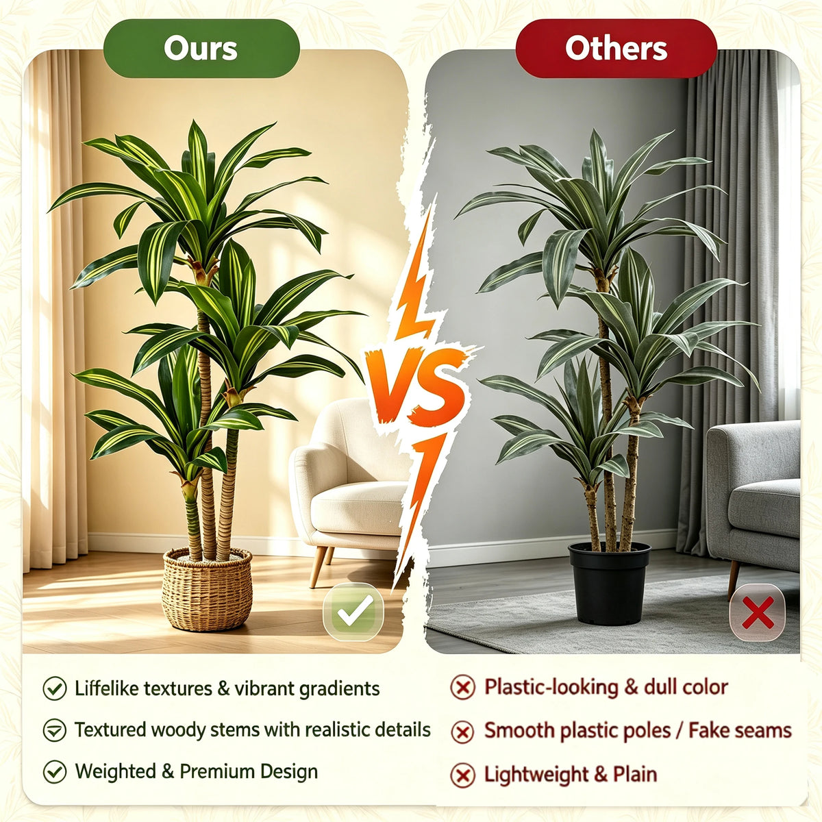 Artificial Dracaena Tree — 4 to 6 ft, Three-Stalk Design