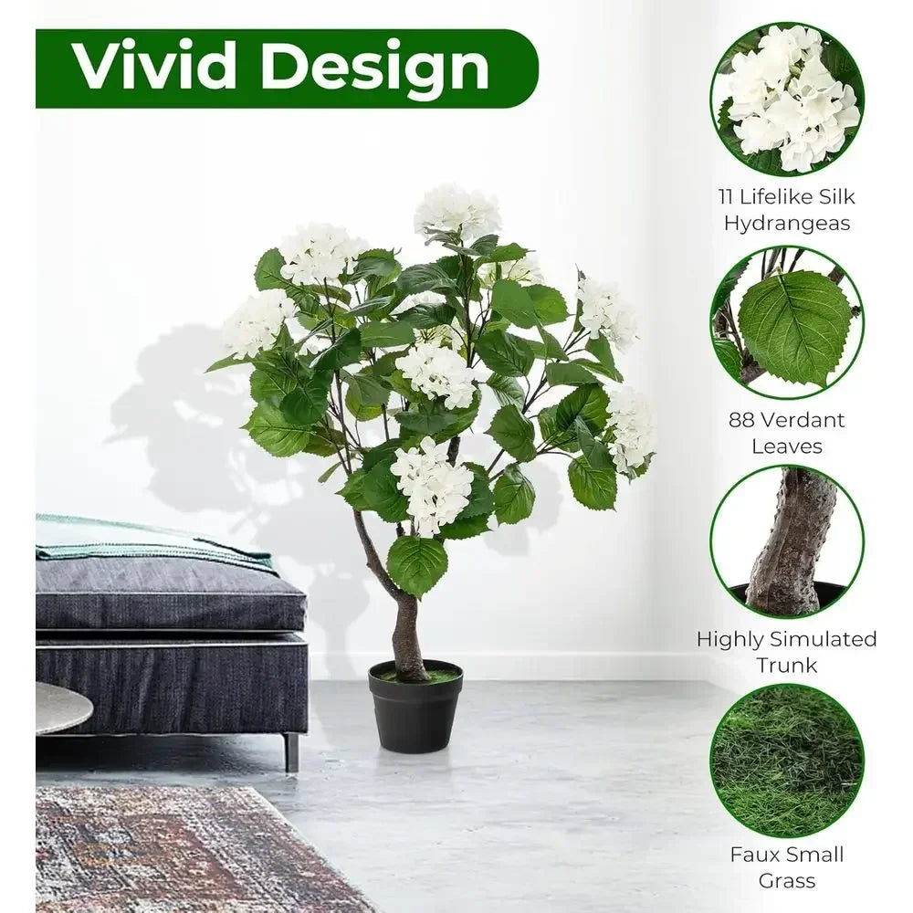 Artificial Hydrangea Tree — 3.5 ft, 11 White Blooms in Plastic Pot