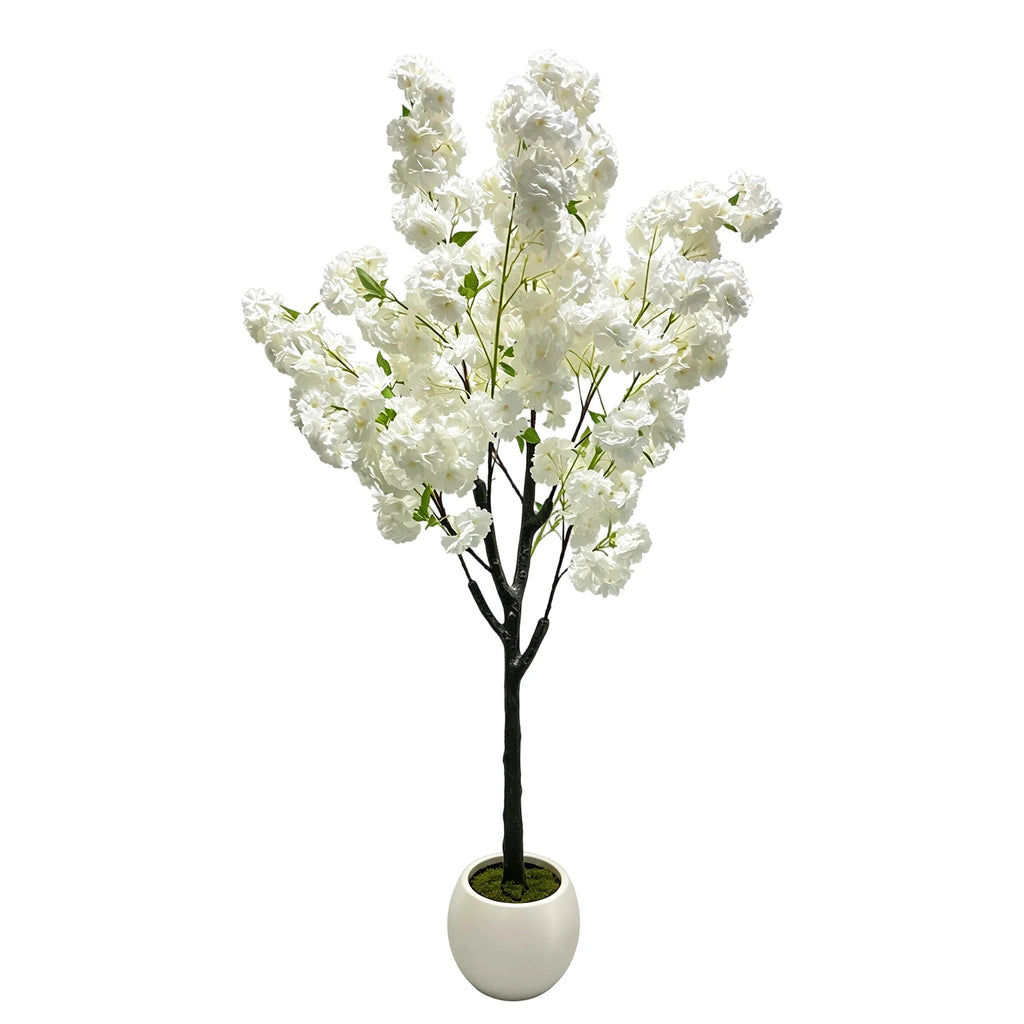 Artificial Cherry Blossom Tree — 5 to 6 ft, Weeping Single-Trunk, White Silk Blossoms