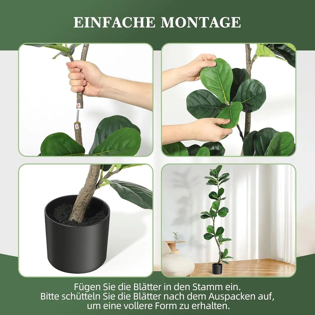 Artificial Fiddle Leaf Fig Tree — 4 to 6 ft, S-Shaped Trunk, Black Pot