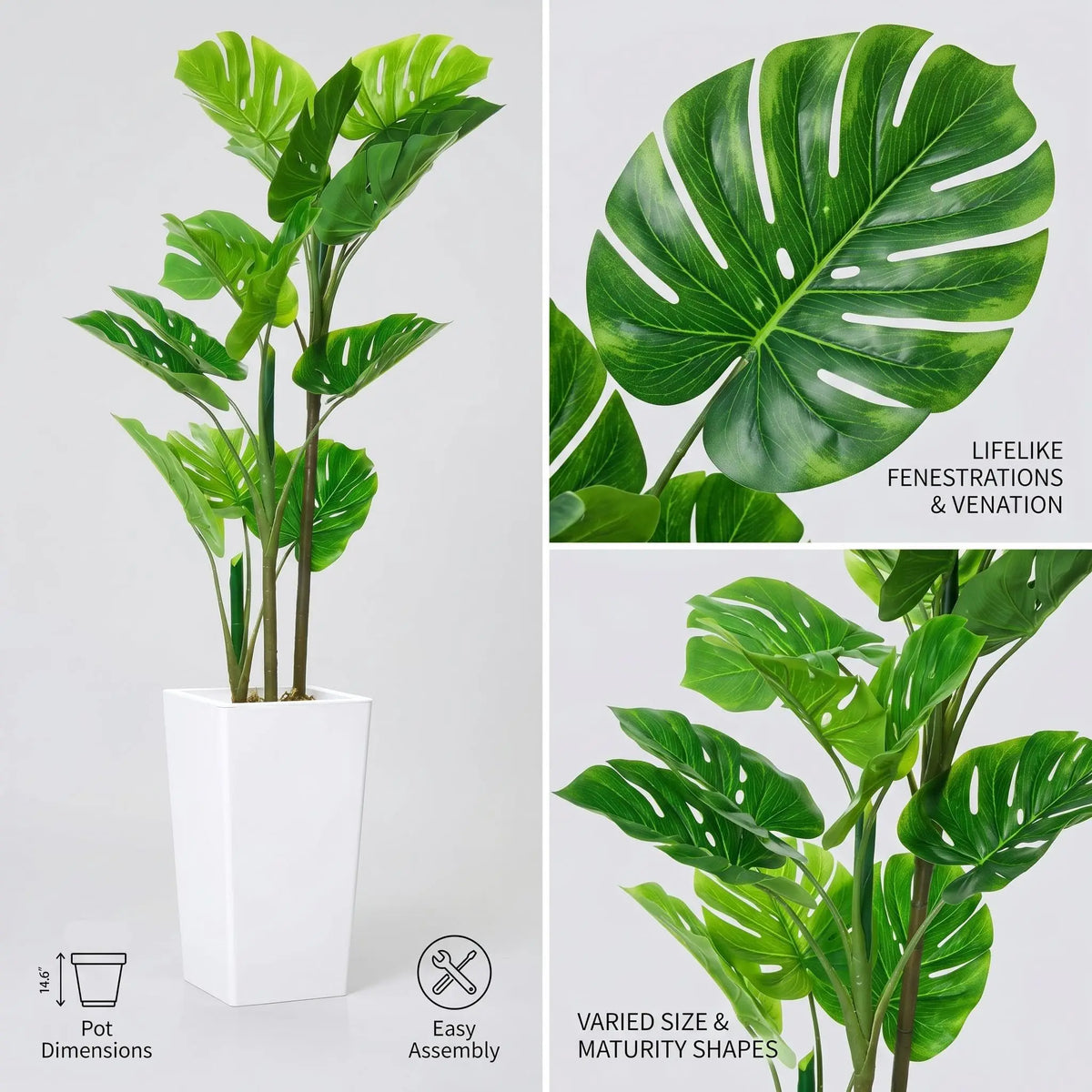 Artificial Monstera Plant — 4.5 ft, Cement-Filled White Planter
