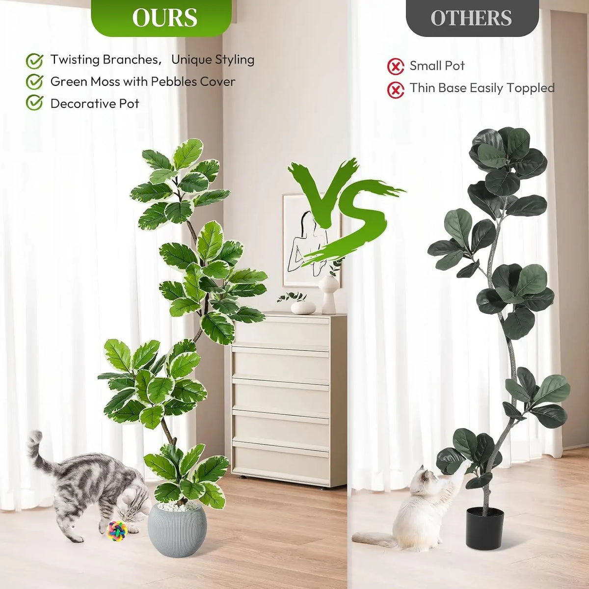Artificial Fiddle Leaf Fig Tree — 60 to 84 in, Gray Sphere Planter with Moss
