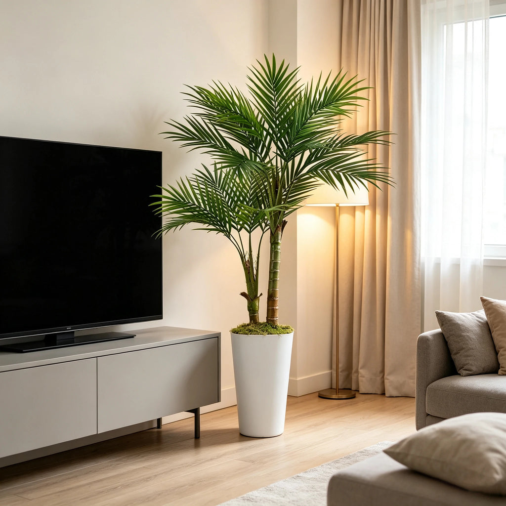 Artificial Areca Palm Tree — 5 ft, Square or Round White Planter
