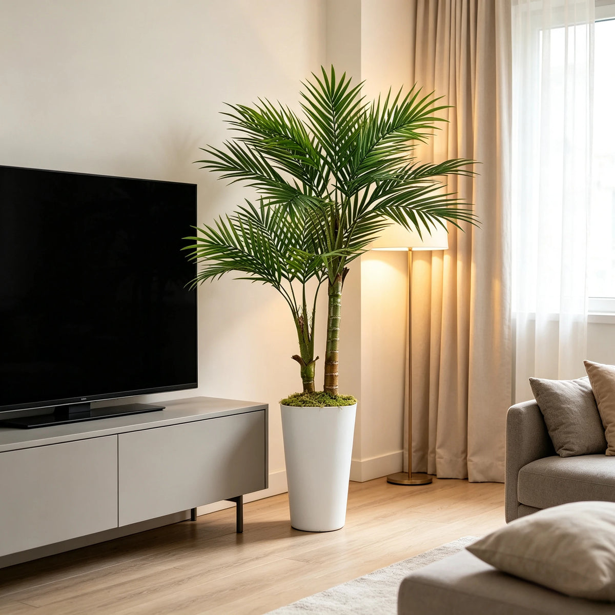 Artificial Areca Palm Tree — 5 ft, Square or Round White Planter