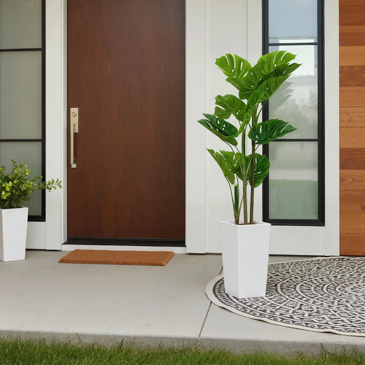 Artificial Monstera Plant — 4.5 ft, Cement-Filled White Planter