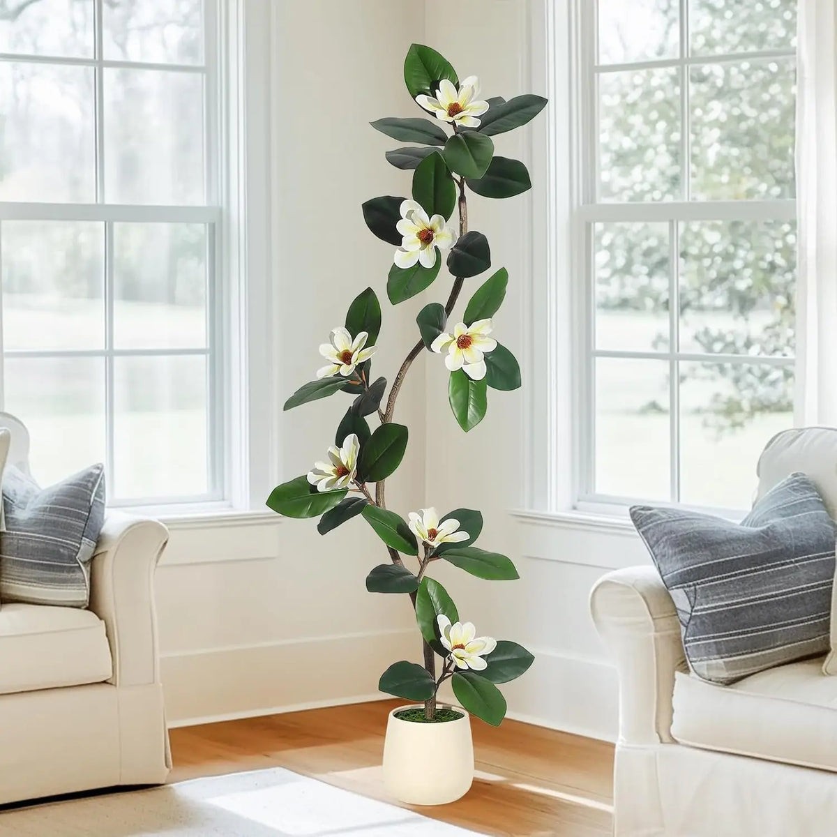 Artificial Magnolia Tree — 5 to 7 ft, S-Curve Trunk, White Planter