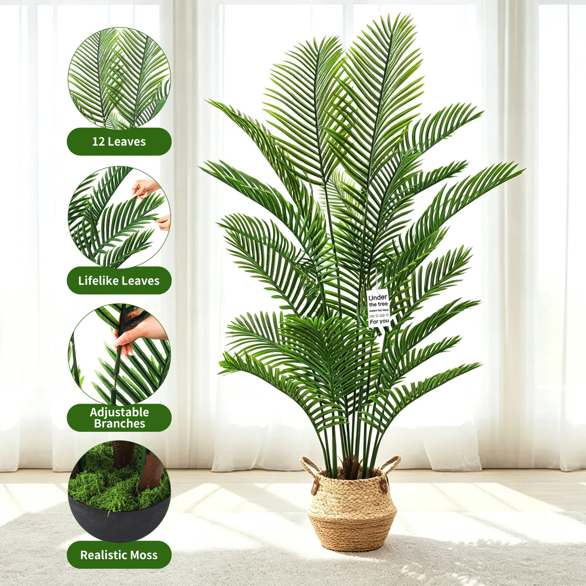 Artificial Palm Tree, 6 ft, Coconut-Coir Base, Black Pot in Hand-Woven Basket