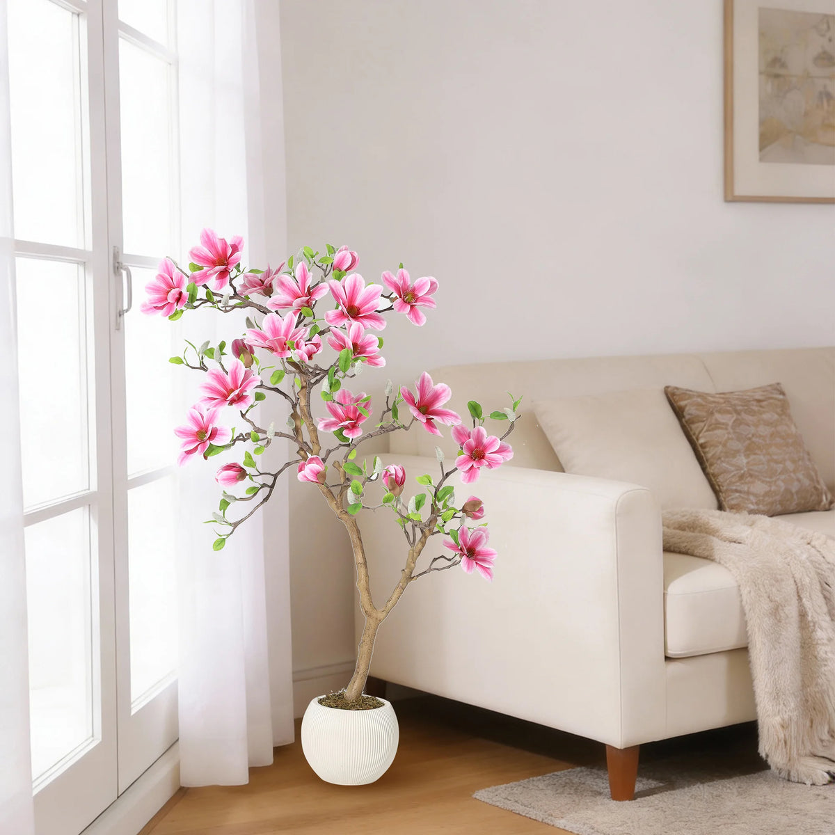 Artificial Pink Magnolia Tree — 4 to 6 ft, Weighted Pot, UV Resistant