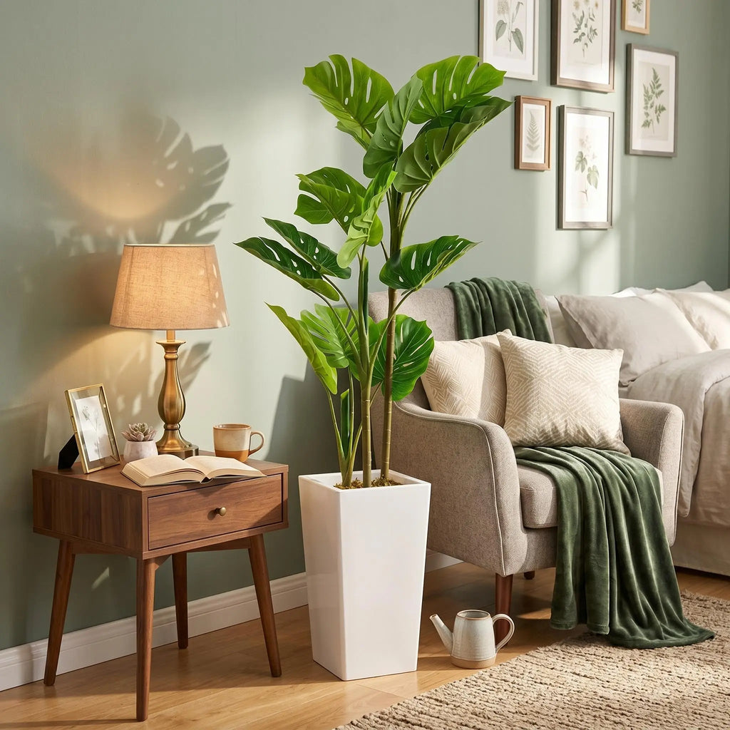 Artificial Monstera Plant — 4.5 ft, Cement-Filled White Planter